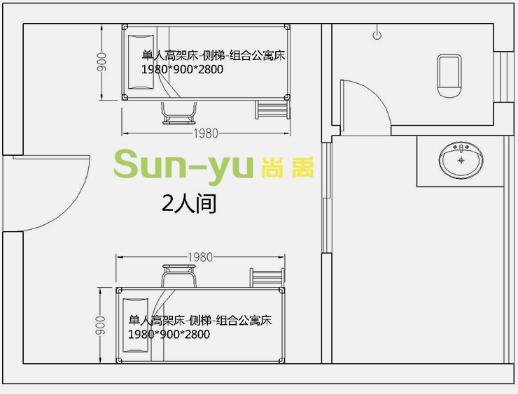 單人高架床-側(cè)梯-組合公寓床-2人間-平面布局圖