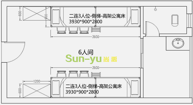 二連3人位-側(cè)梯-高架公寓床-平面布局圖