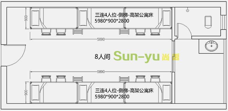 三連4人位-側(cè)梯-高架公寓床-8人間平面布局圖