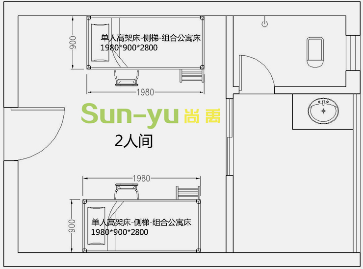 單人高架床-側(cè)梯-組合公寓床-2人間-平面布局圖