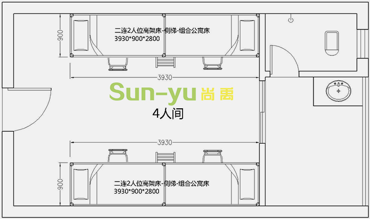 二連2人位-側(cè)梯-組合公寓床-4人間平面布局