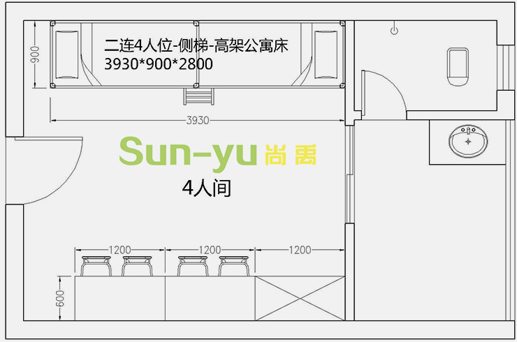 二連4人位-側(cè)梯-高架公寓床-4人間平面布局圖