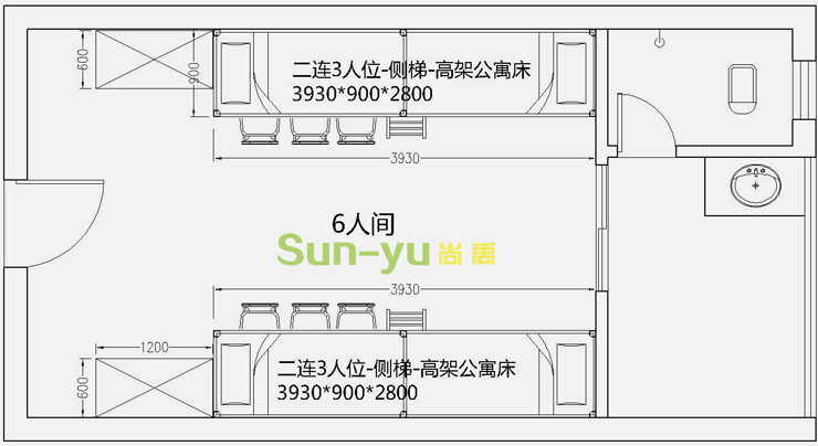 二連3人位-側(cè)梯-高架公寓床-平面圖