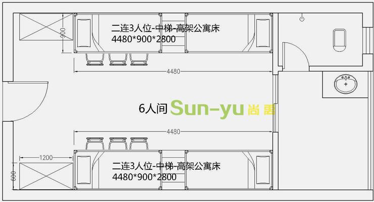 兩連3人位-中梯-高架公寓床6人間平面布局