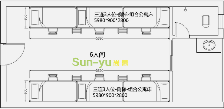 三連3人位-側(cè)梯--組合公寓床6人間平面布局圖