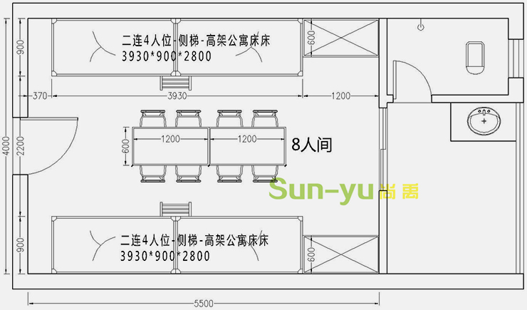 二連4人位-側(cè)梯-高架公寓床-8人間平面布局圖