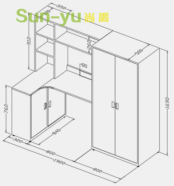 二連2人位中梯公寓床組合柜設(shè)計(jì)圖