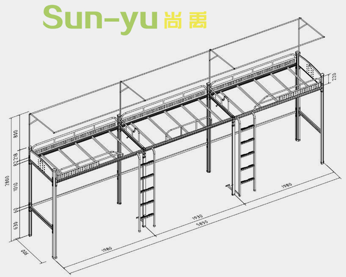 三連3人位-側(cè)梯-組合公寓床定制設(shè)計圖