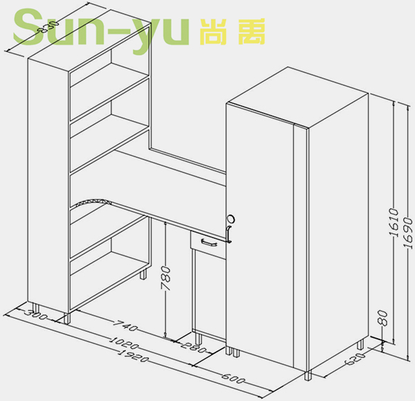 單人高架床-中梯-定制組合桌柜設(shè)計圖 